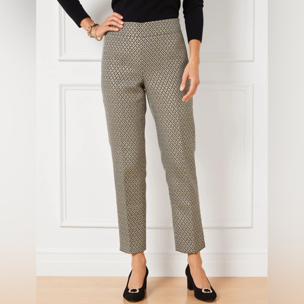 Talbots Slim Ankle Pants Medallion Jacquard Black White Gold Side Zip Size 6 Nwt